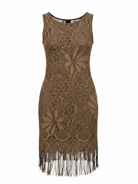 Vintage Women's brown Lace Fringe Sheath Dress-sparkles-medium-speakeasy-costume